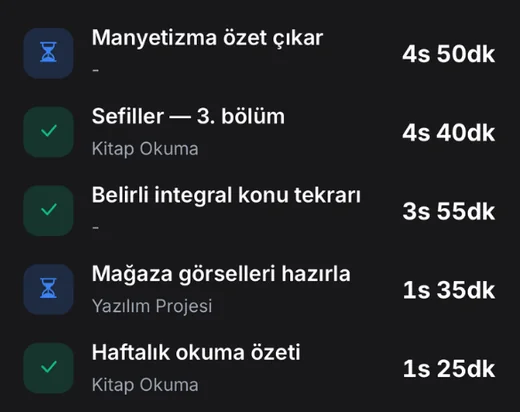 En uzun süren görevler listesi: her görevin harcanan süresi, örneğin Manyetizma özet çıkar 4 saat 50 dakika